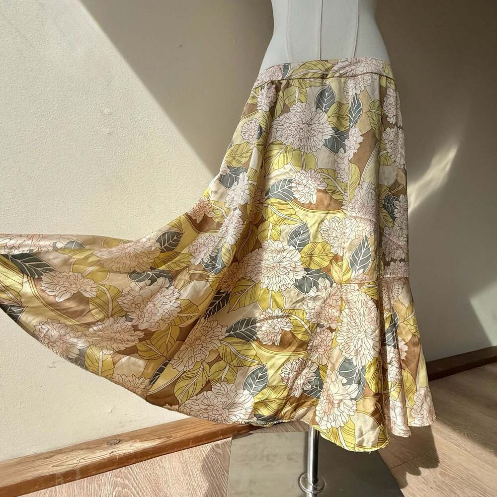 100% Silk Floral Yellow Green Midi Skirt